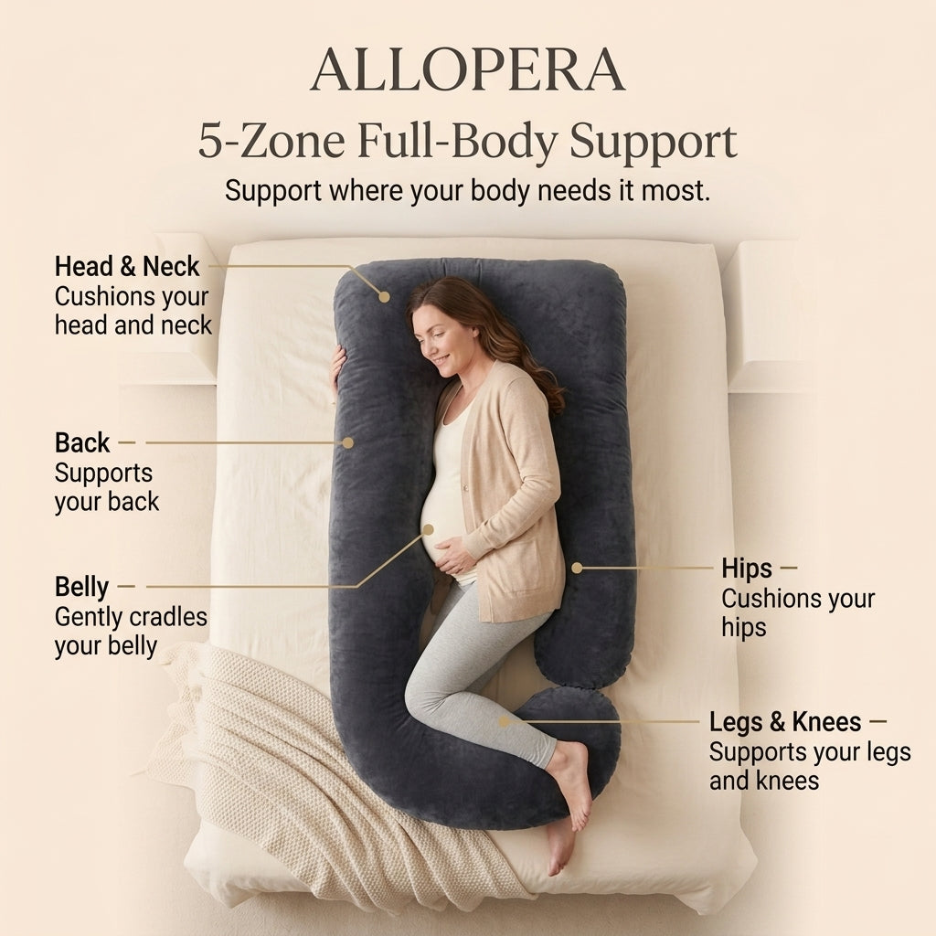 ALLOPERA 57 Inch Pregnancy Pillow for Sleeping | Full Body Maternity Support Pillow, Black-Grey Velvet