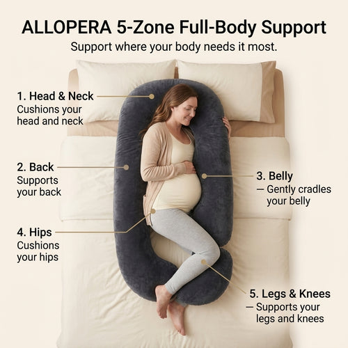 ALLOPERA 57 Inch Pregnancy Pillow for Sleeping | Full Body Maternity Support Pillow, Black-Grey Velvet